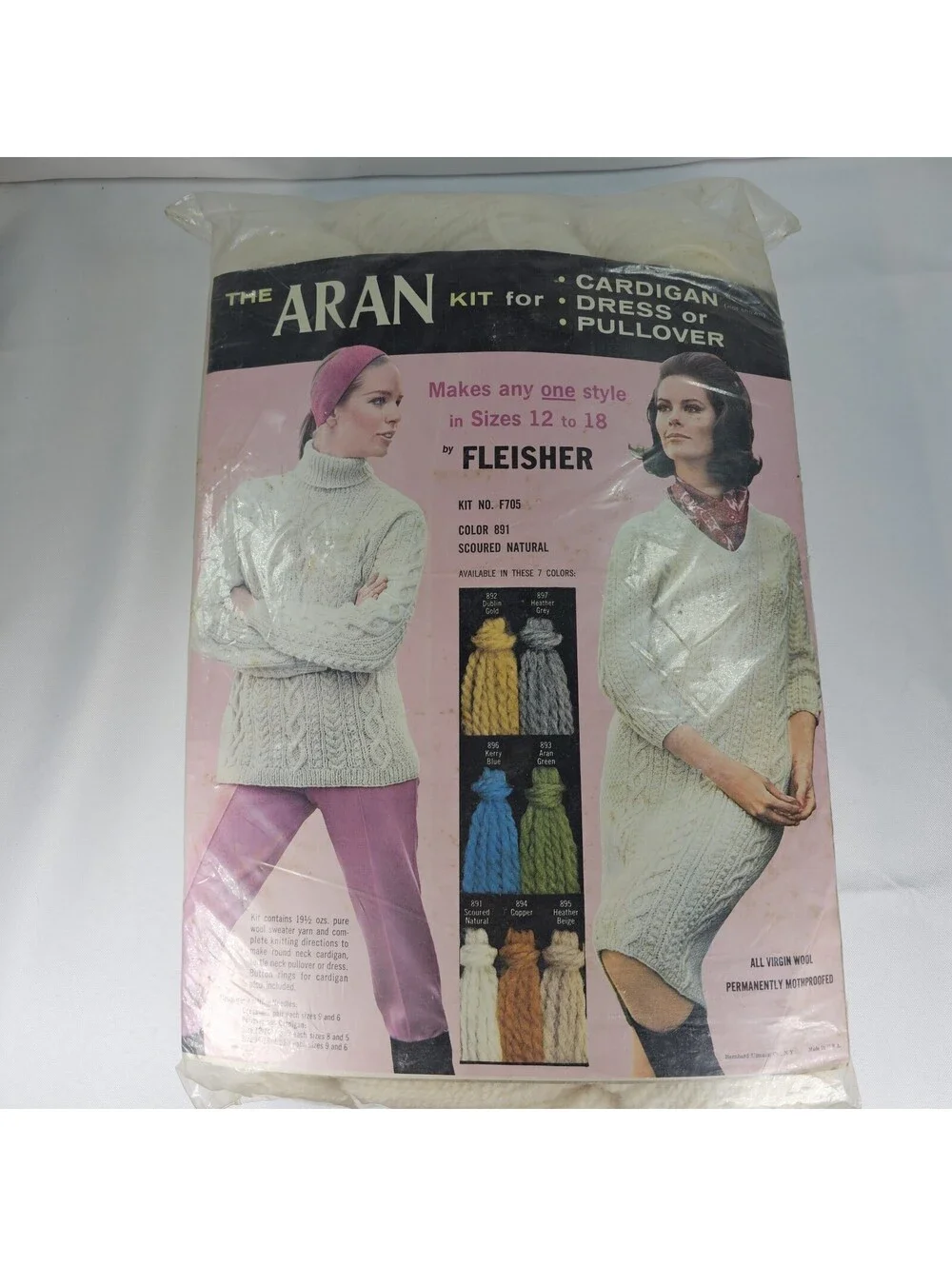 Vintage FLEISHERS Ivory White Wool Knitting Kit Cardigan Dress Size 12-18 New!